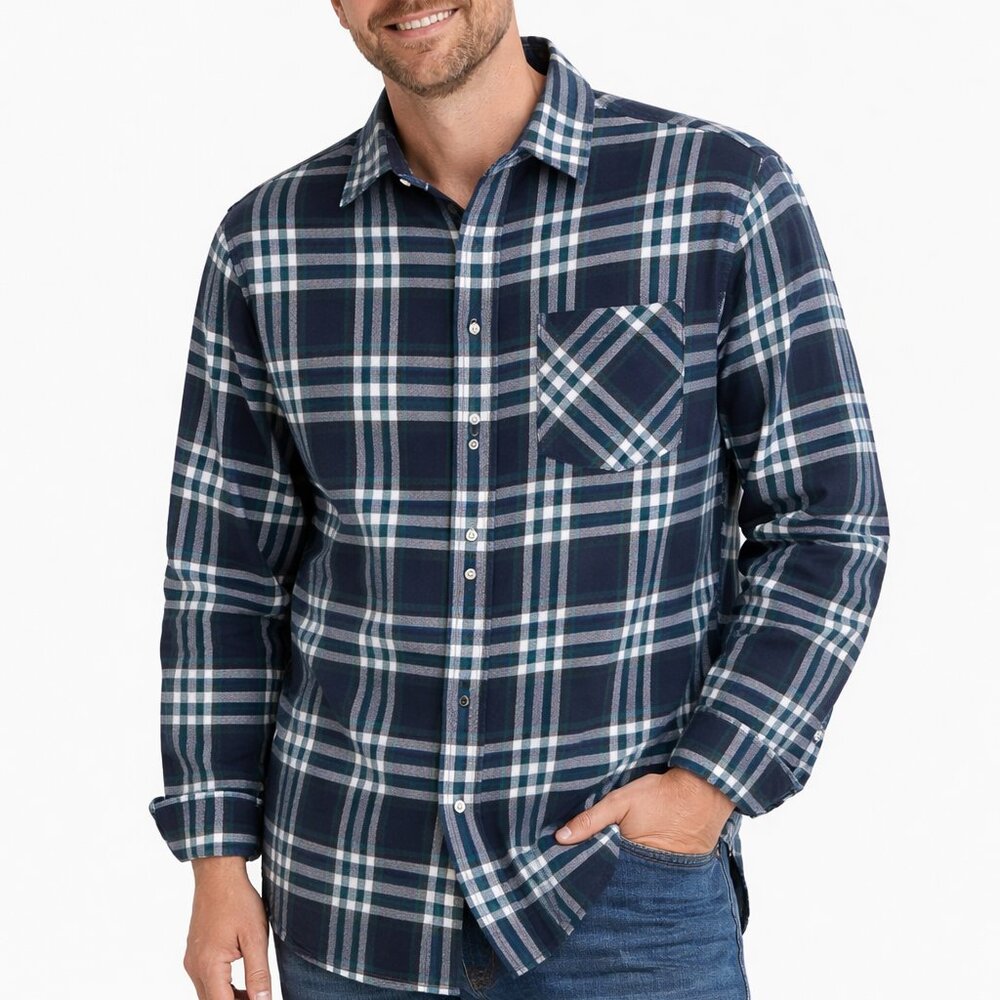 JACKFIELD FLANNEL SHIRT SIZE LARGE, NAVY, TURQUOISE WHITE PLAID